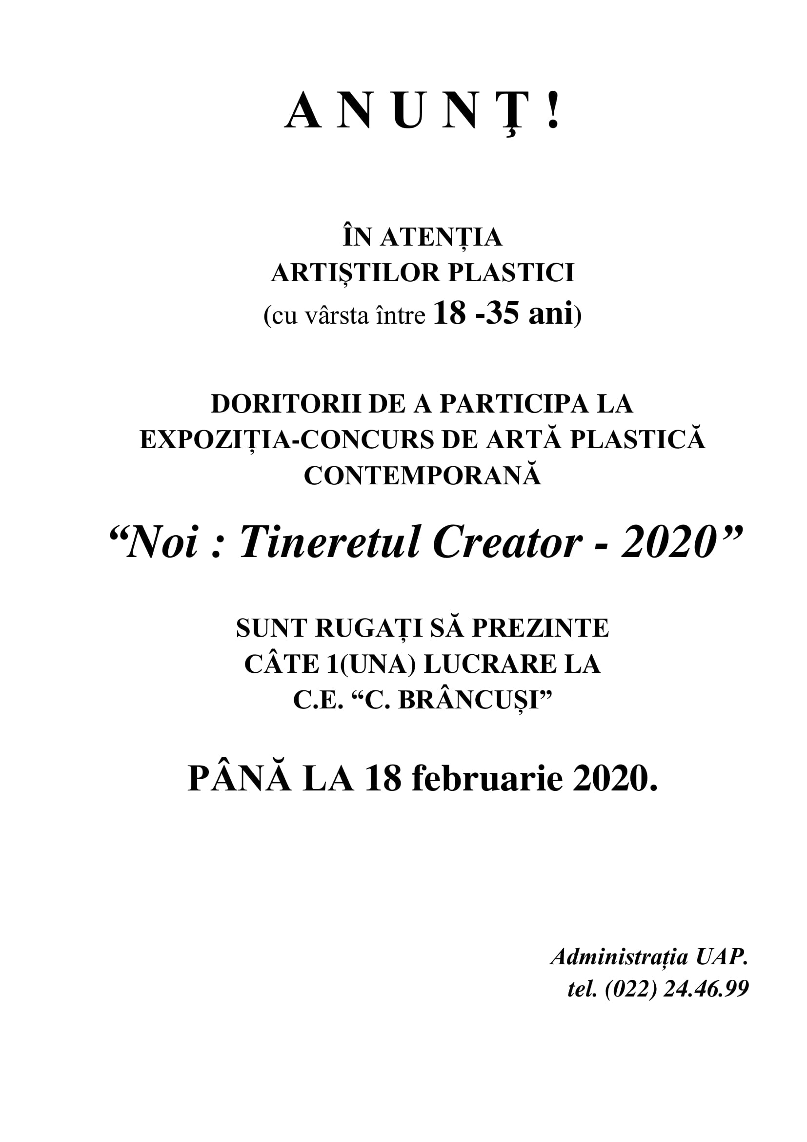 Anunţ. Noi: Tineretul Creator -2020